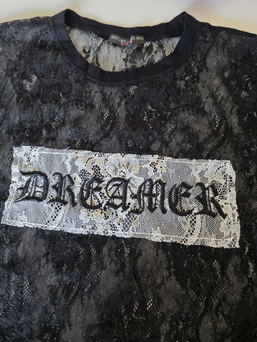 Love Peace & Lazy Days Black Lace Sheer Short Sleeve Top Size Medium - Picture 6 of 9